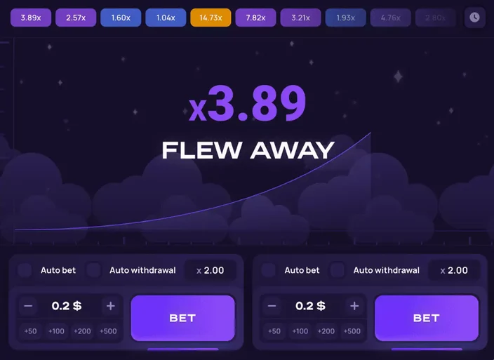 Final de una ronda de Lucky Jet: x3.89 y el mensaje FLEW AWAY