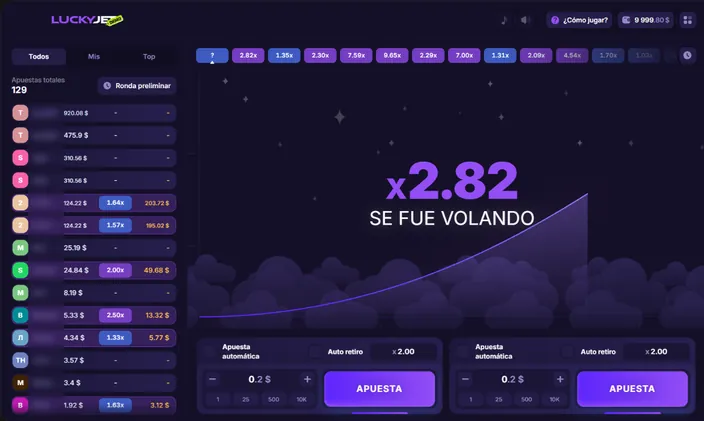Final de una ronda de Lucky Jet: x2.82 y el mensaje SE FUE VOLANDO