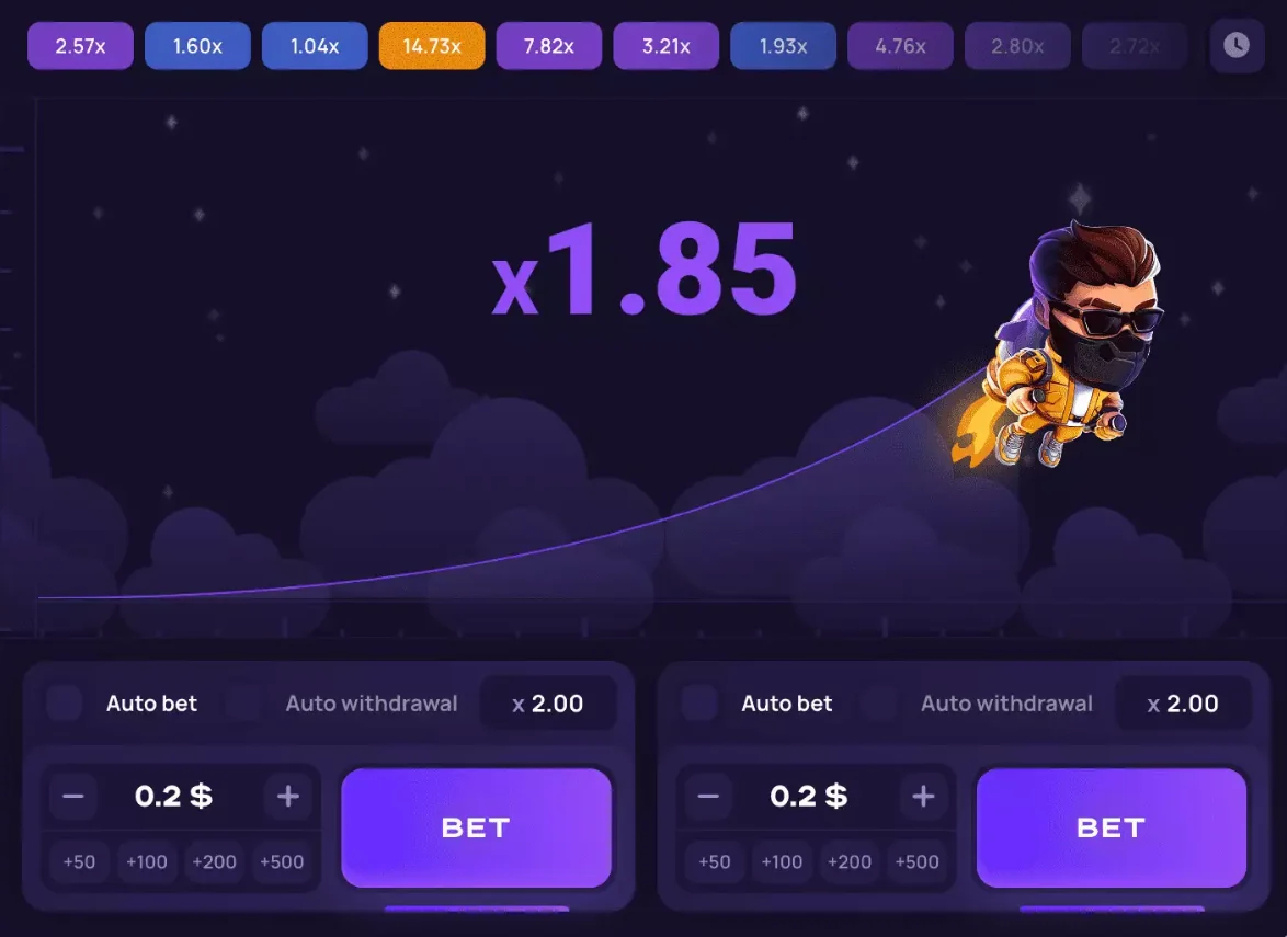 Interfaz de Lucky Jet en pleno vuelo: multiplicador x1.85, Lucky Joe con su mochila cohete y los dos paneles de apuesta con Auto bet y Auto withdrawal